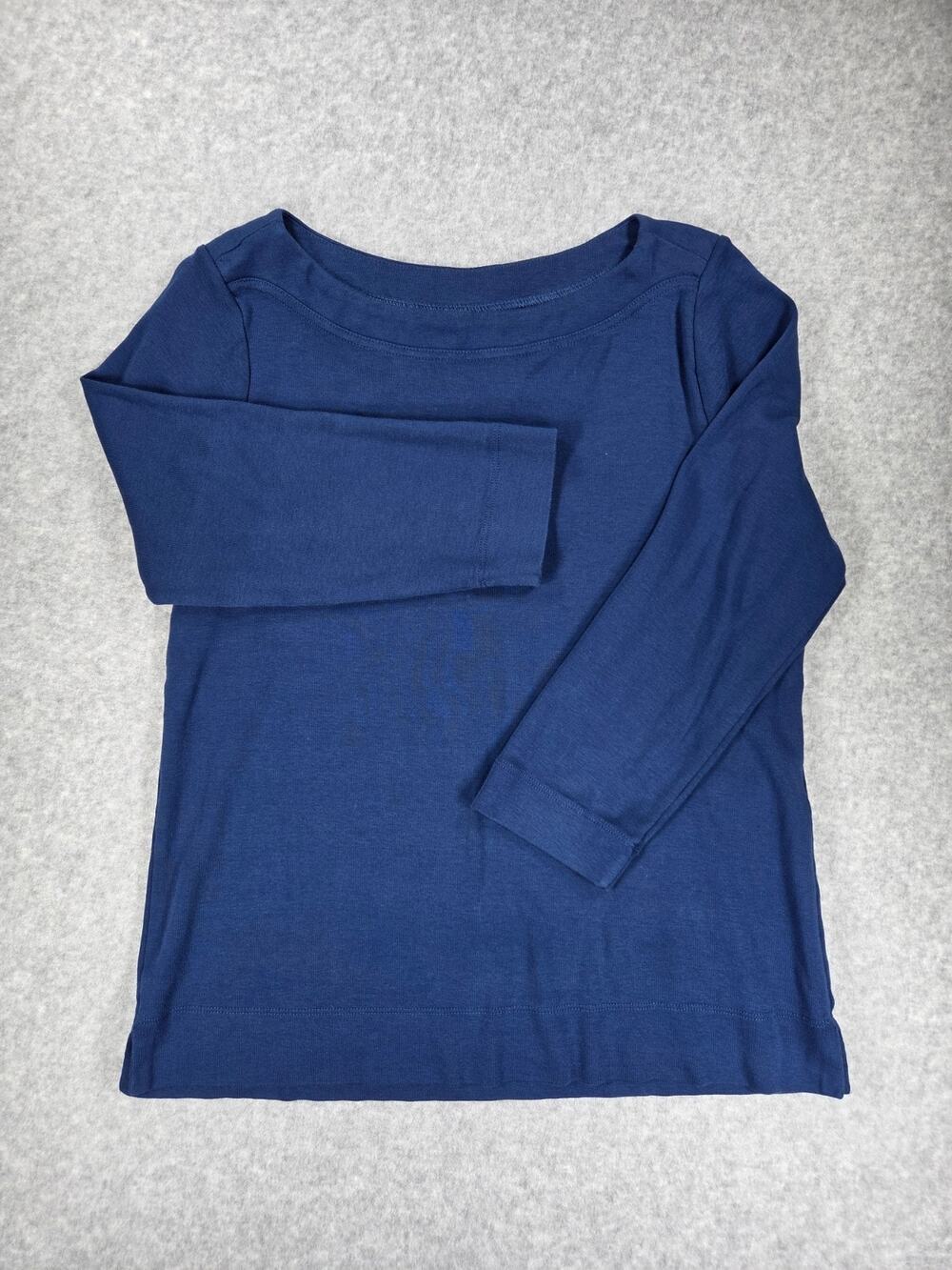 Chicos Pima Cotton Boatneck Top Navy Blue Size 1 M 3/4 Sleeve Solid EUC